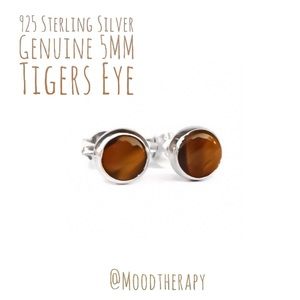 925 Sterling Silver 5MM Genuine Tiger’s Eye Bezel Set Gemstone Stud Earrings